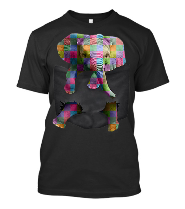 Tiny Elephant In Pocket Save The Elephant Patchwork Colorful T-Shirt