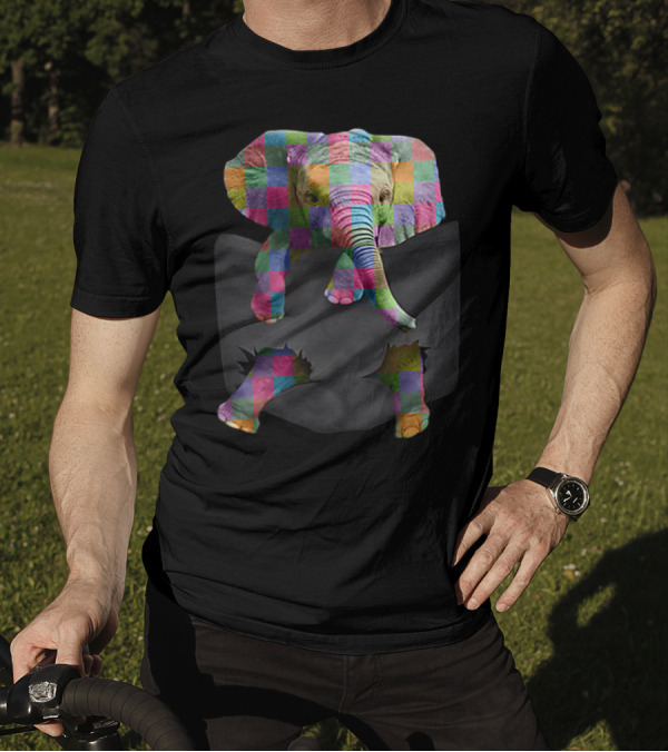 Tiny Elephant In Pocket Save The Elephant Patchwork Colorful T-Shirt