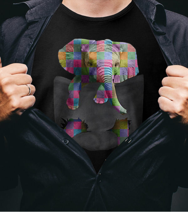 Tiny Elephant In Pocket Save The Elephant Patchwork Colorful T-Shirt