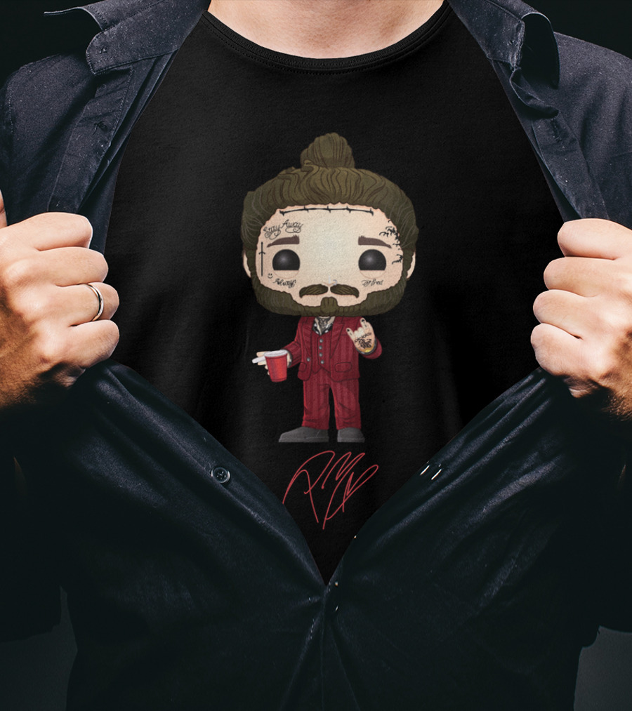 Post Malone Funko Pop Style Character With Tattoos And Red Suit Holding Cup T-Shirt
