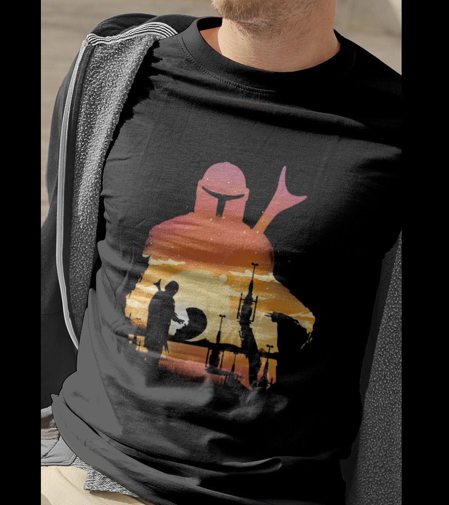 The Mandalorian Sunset Silhouette With Bounty Hunter And Child In Desert Scene T-Shirt