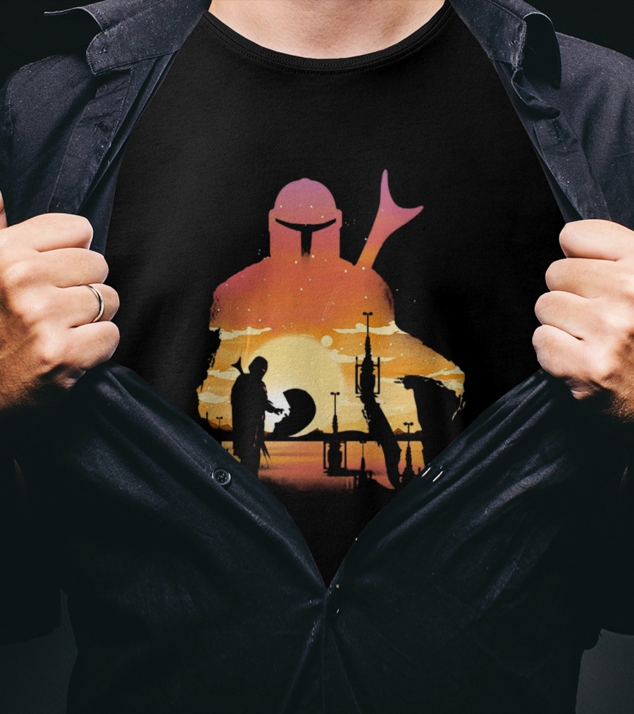 The Mandalorian Sunset Silhouette With Bounty Hunter And Child In Desert Scene T-Shirt