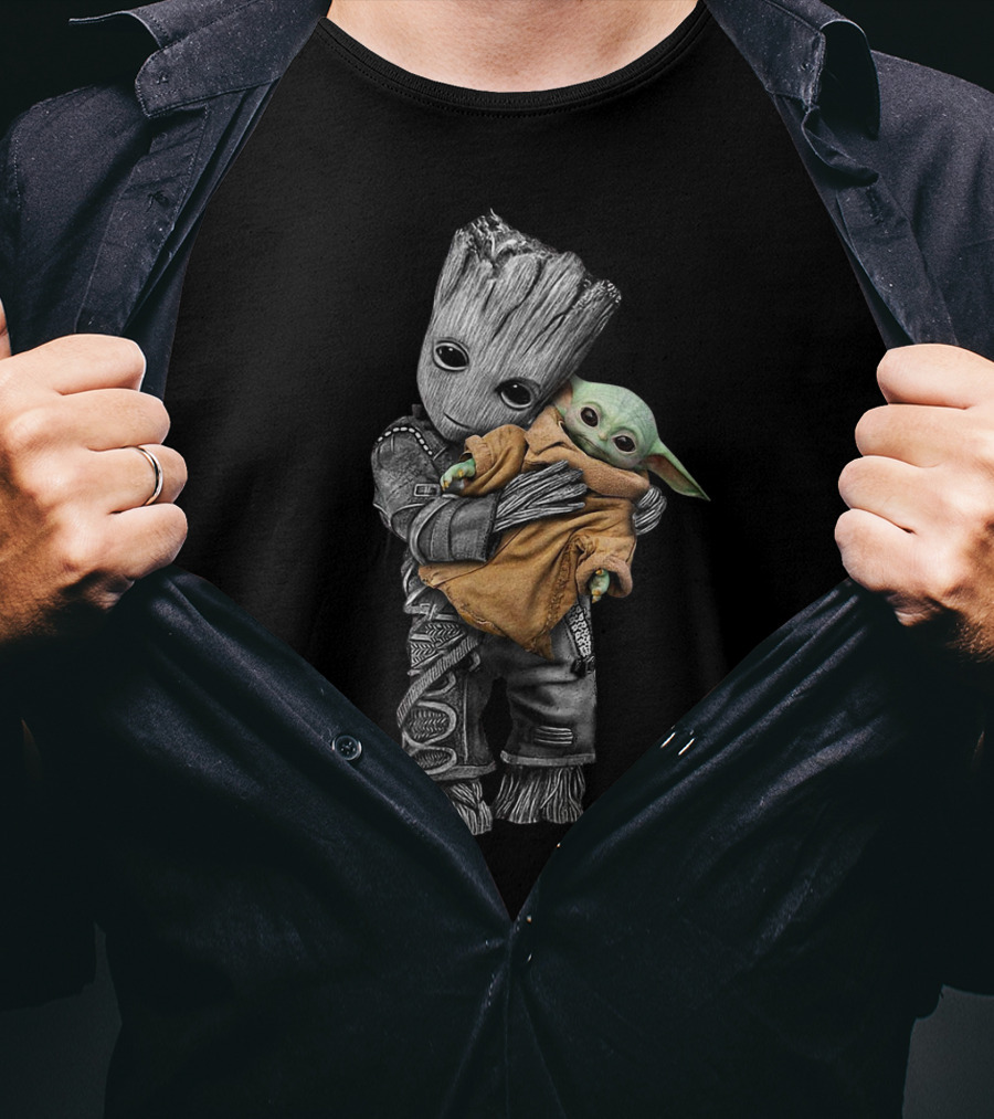Groot Cradling Baby Yoda Together T-Shirt
