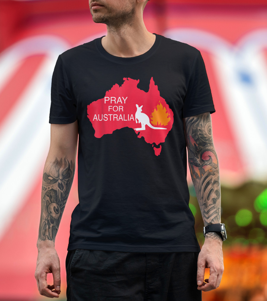 Pray For Australia Kangaroo Silhouette with Fire Symbol on Map T-Shirt