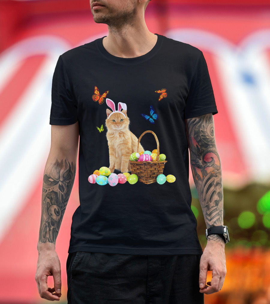 Adorable Cat with Bunny Ears Surrounded by Easter Eggs and Butterflies T-Shirt