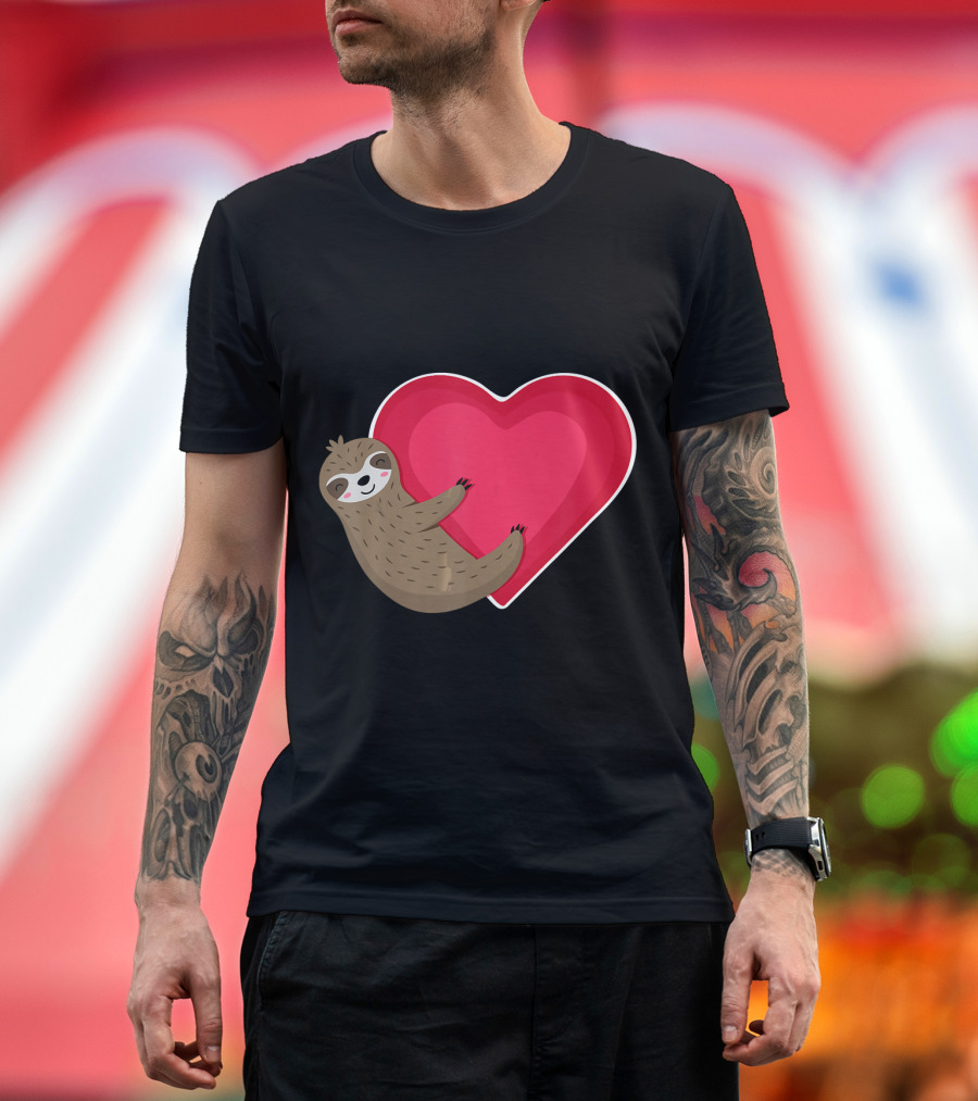 Cute Sloth Hugging Red Heart Valentines Day T-Shirt