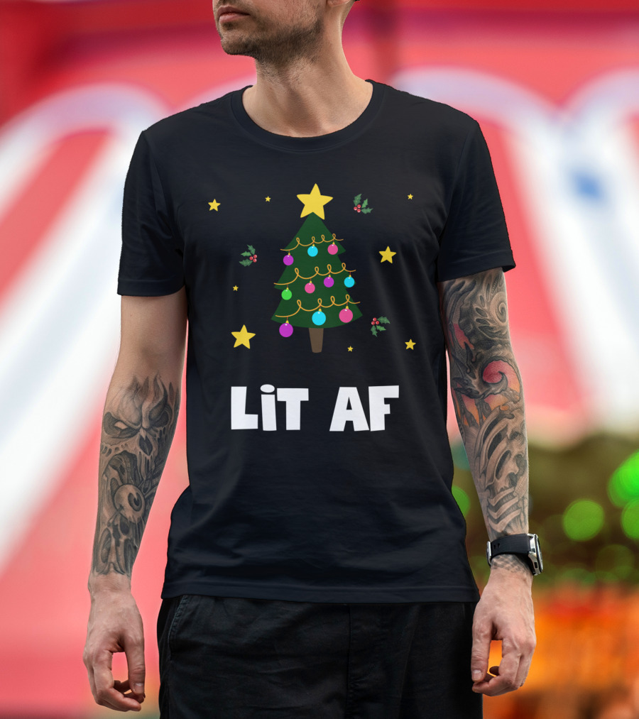 Lit AF Christmas Tree Funny Drinking Holiday Festive Stars and Holly T-Shirt