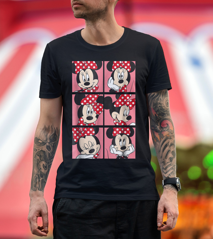 Disney Minnie Mouse Expressions Faces Grid Pink Red Polka Dot Bow T-Shirt