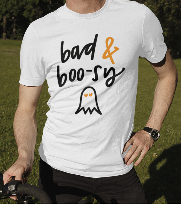 Bad And Boo-sy Ghost With Heart Eyes Orange Accent Text T-Shirt