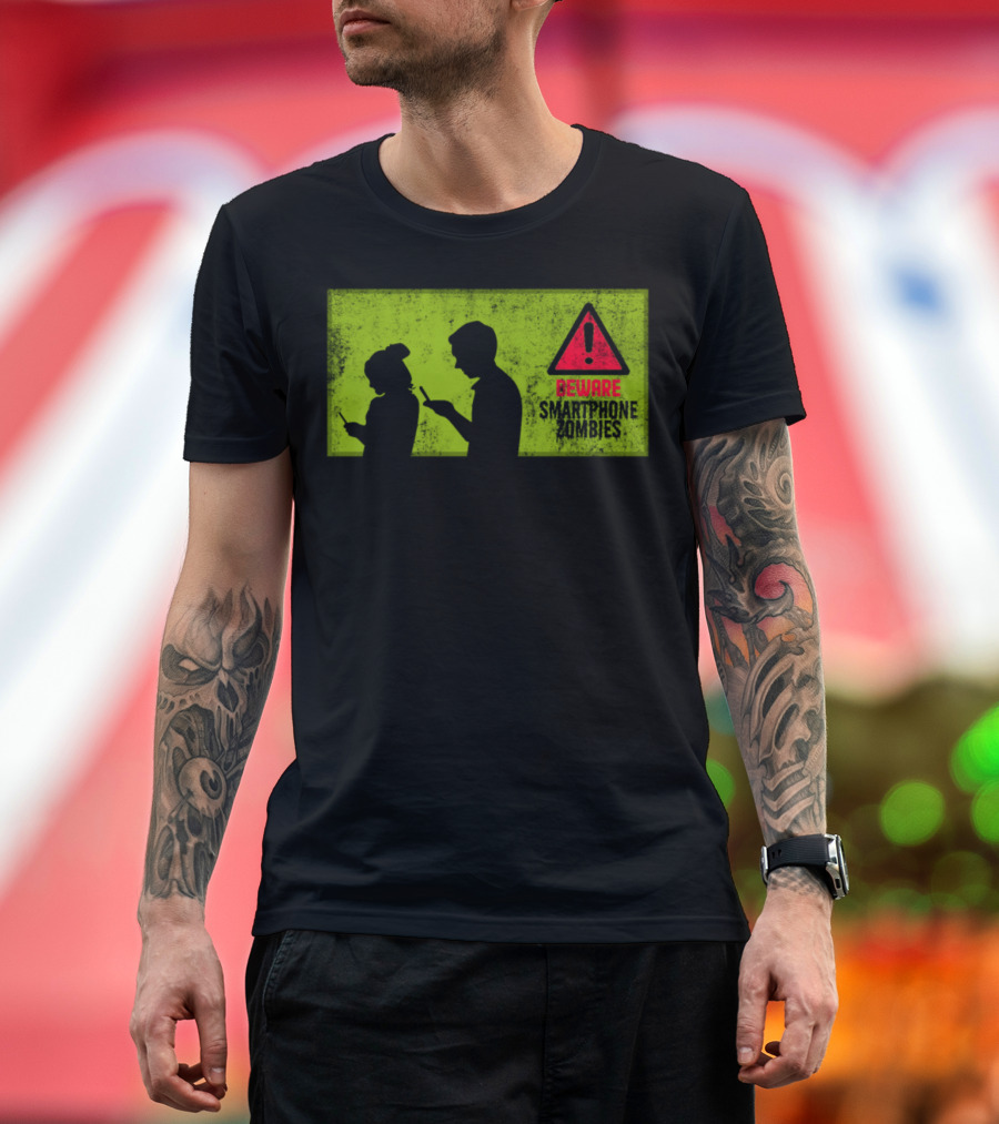 Beware Smartphone Zombies Warning Sign Silhouetted Figures T-Shirt