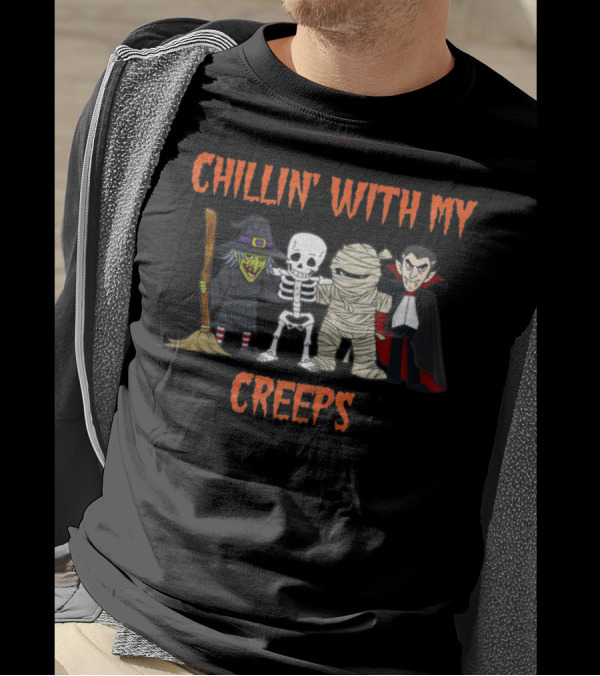 Chillin With My Creeps Skeleton Mummy Witch Vampire Characters T-Shirt