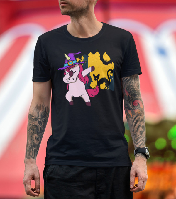 Premium T-Shirt: Dabbing Unicorn Witch with Halloween Black Cat and Bat Scene T-Shirt Dabbing Unicorn Witch with Halloween Black Cat and Bat Scene T-Shirt
