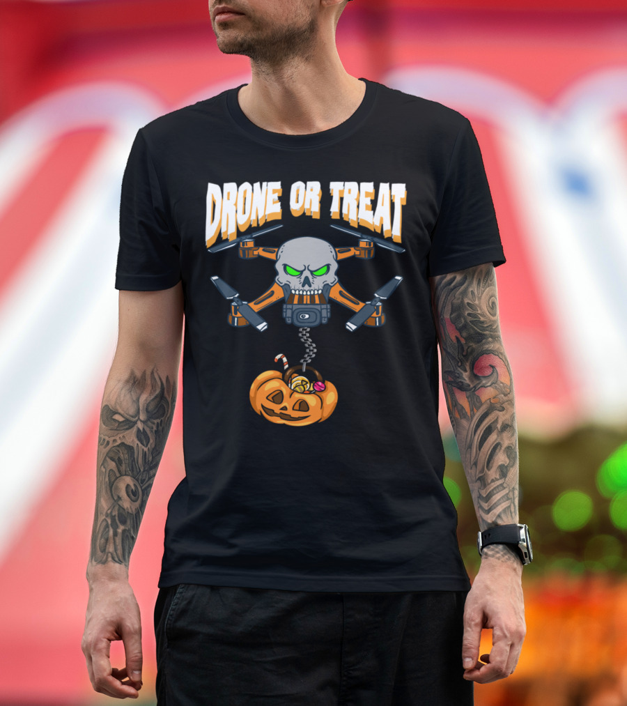 Drone or Treat Halloween Skull Drone with Pumpkin Candy T-Shirt