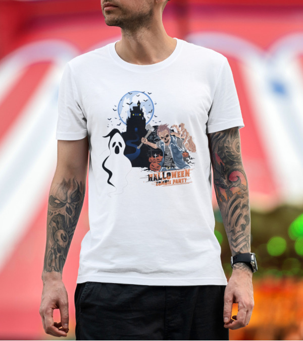 Premium T-Shirt: Halloween Zombie Bait Party Funny Ghost and Haunted House Pumpkin Scene T-Shirt Halloween Zombie Bait Party Funny Ghost and Haunted House Pumpkin Scene T-Shirt