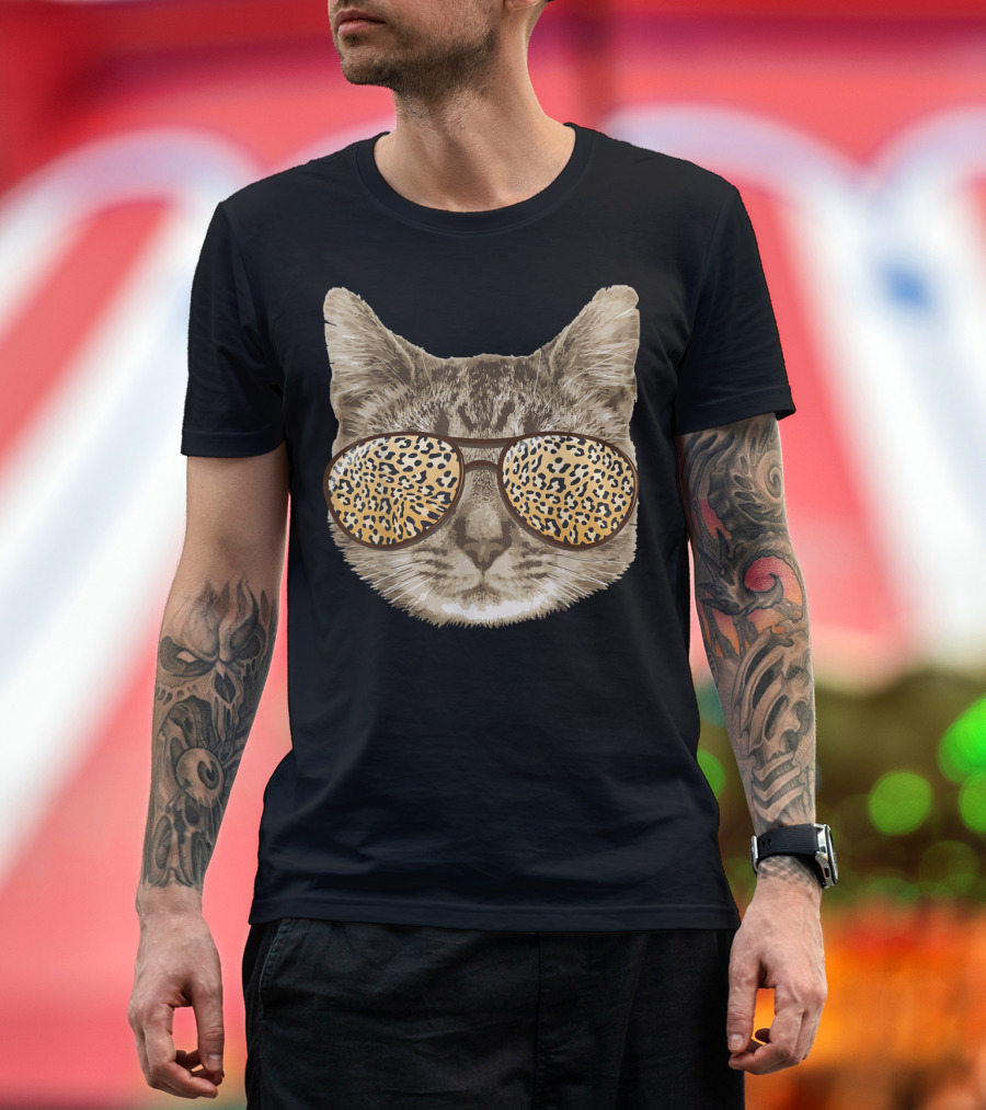 Funny Cat with Leopard Print Sunglasses Cute Pet T-Shirt