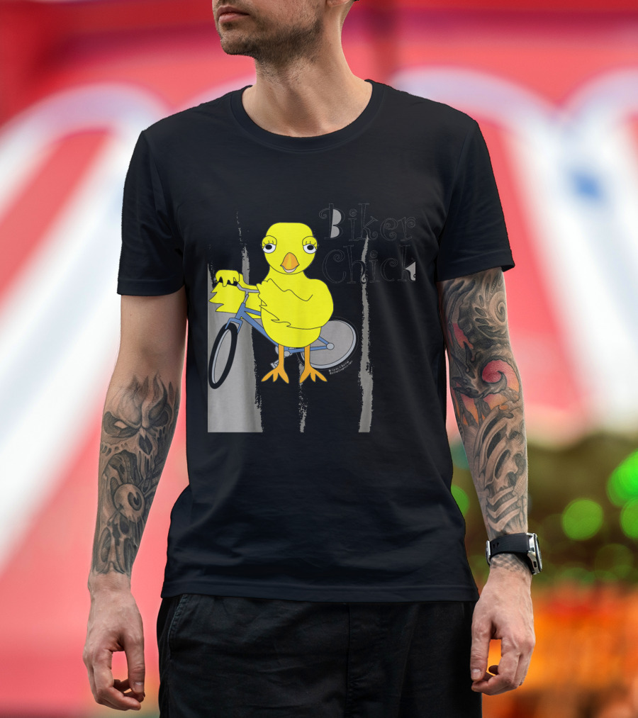 Biker Chick Riding Cartoon Bicycle Bird Image T-Shirt