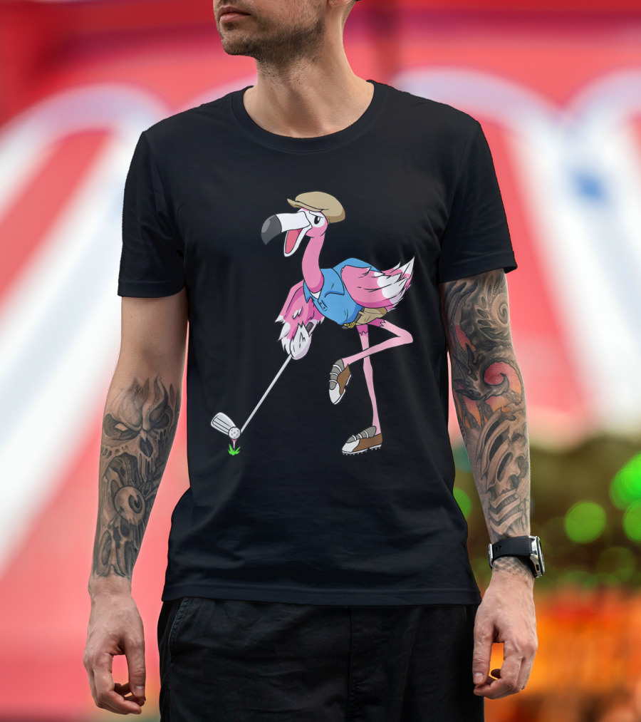 Flamingo Playing Golf in a Funny Pose with Club on Vacation T-Shirt