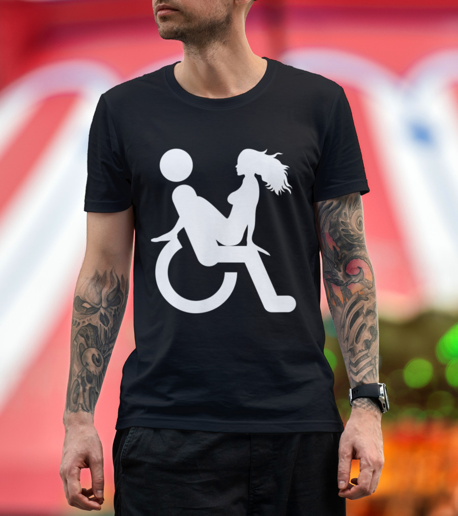 Mens Funny Handicap Icon Person Silhouette with Woman in Wheelchair T-Shirt