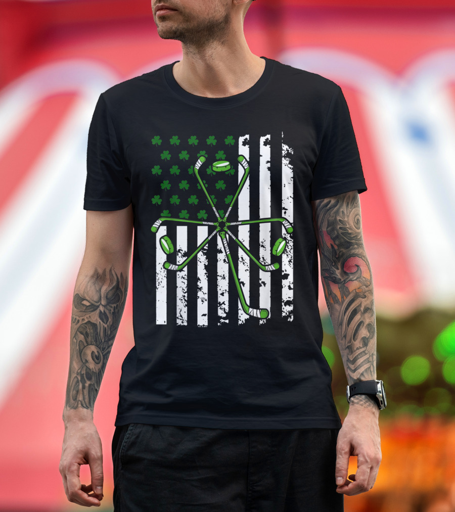 Irish American Hockey St Patrick's Day Flag Shamrock T-Shirt