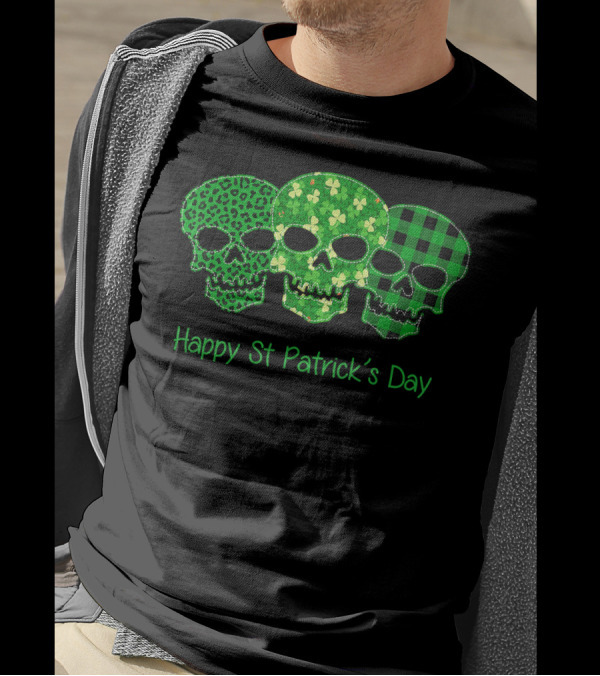 Happy St Patrick's Day Shamrock Leopard Plaid Skulls T-Shirt