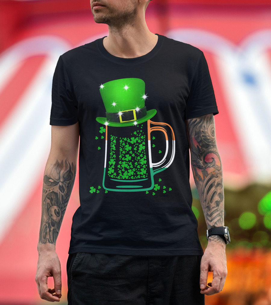 St Patrick's Day Shamrock Beer Glass with Green Leprechaun Hat T-Shirt