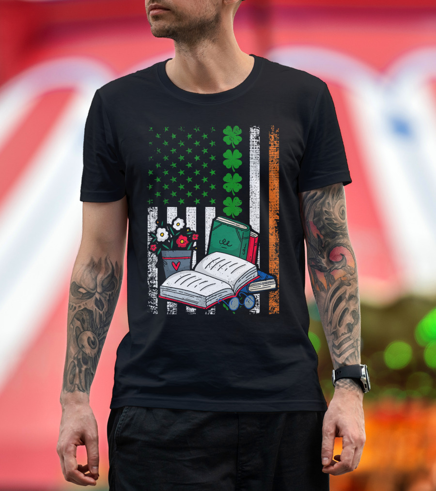 Irish American Flag Books Shamrock Lucky Librarian T-Shirt