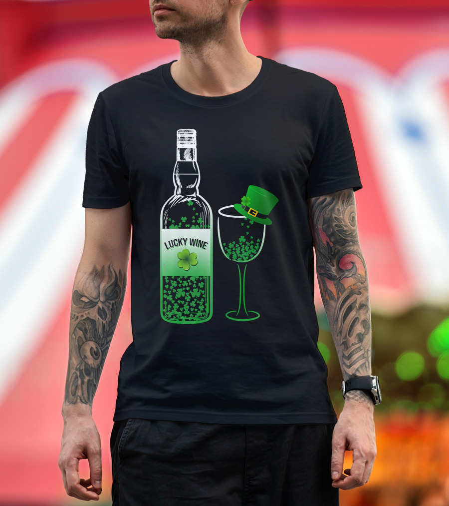 Lucky Wine Shamrock Bottle and Green Hat Wine Glass for St Patrick's Day T-Shirt