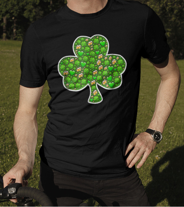 St. Patrick's Day Shamrock Beer Pattern With 4 Leaf Clover And Hearts T-Shirt