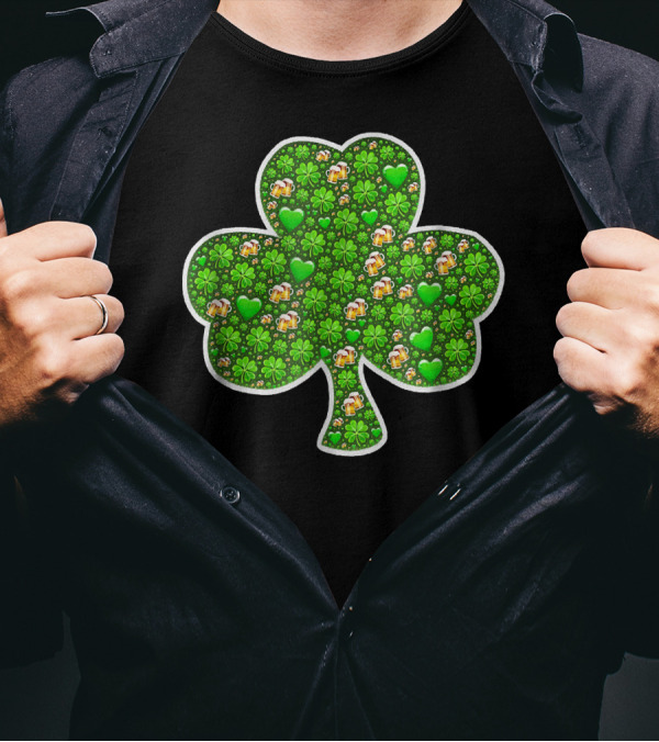 St. Patrick's Day Shamrock Beer Pattern With 4 Leaf Clover And Hearts T-Shirt