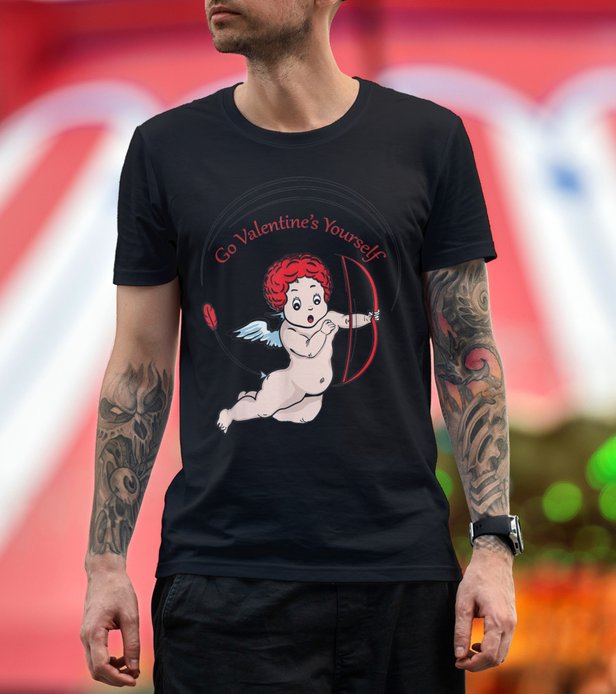 Go Valentine's Yourself Funny Sarcastic Cupid with Bow and Red Feather T-Shirt