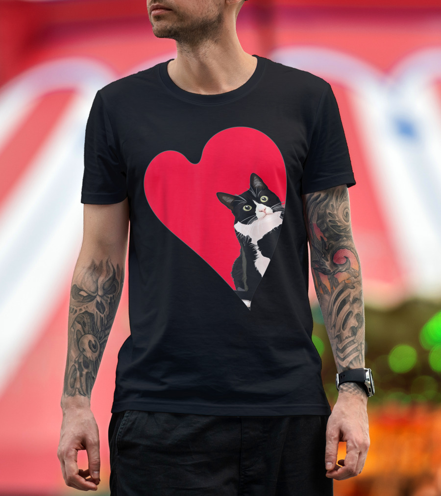 Tuxedo Cat Heart Valentine Kitten Love T-Shirt
