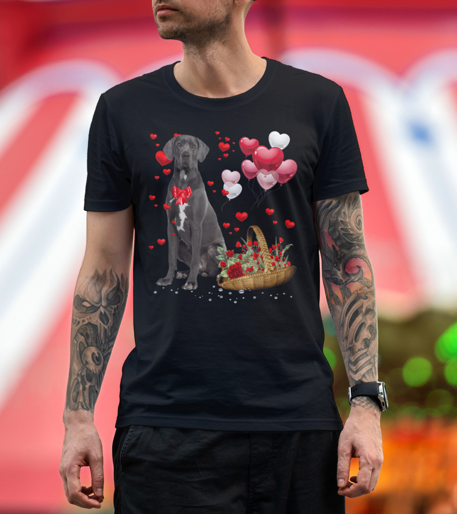 Great Dane Valentines Day Heart Balloons and Roses Funny Dog Valentine T-Shirt