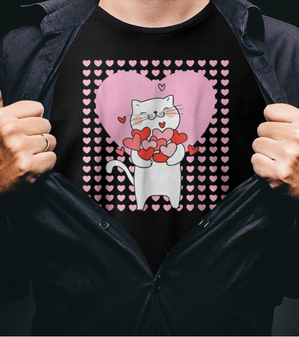 Happy Valentine Cat Holding Hearts Surrounded By Pink Hearts T-Shirt