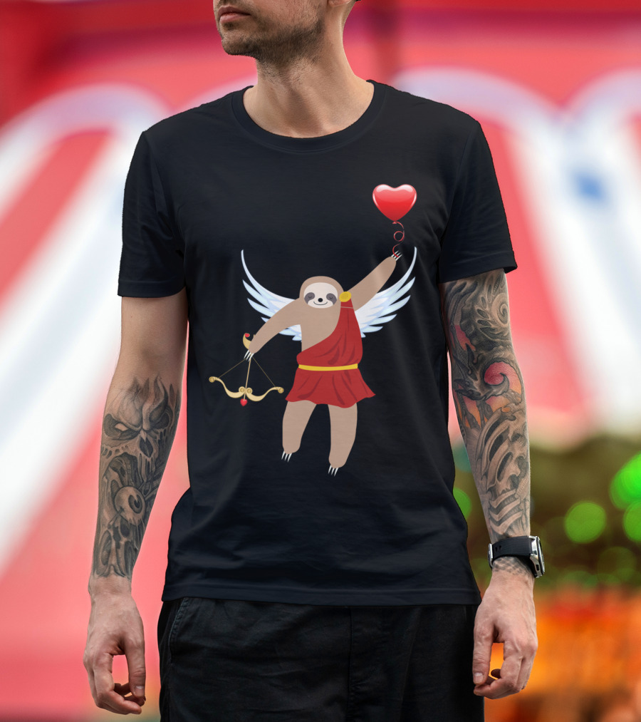 Cupid Sloth Valentine Holding Heart Balloon and Bow with Wings T-Shirt