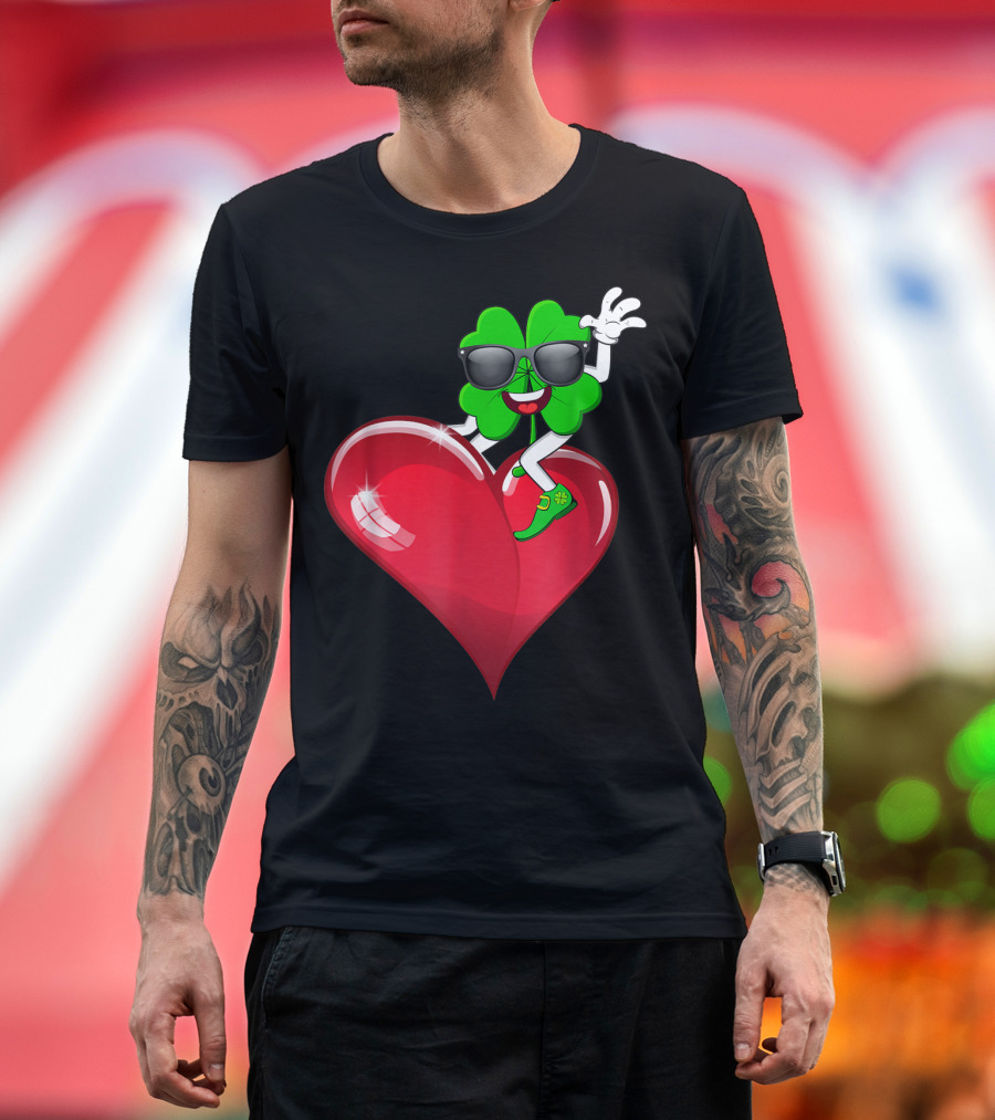 Shamrock Riding Heart with Sunglasses St Patrick's Day T-Shirt