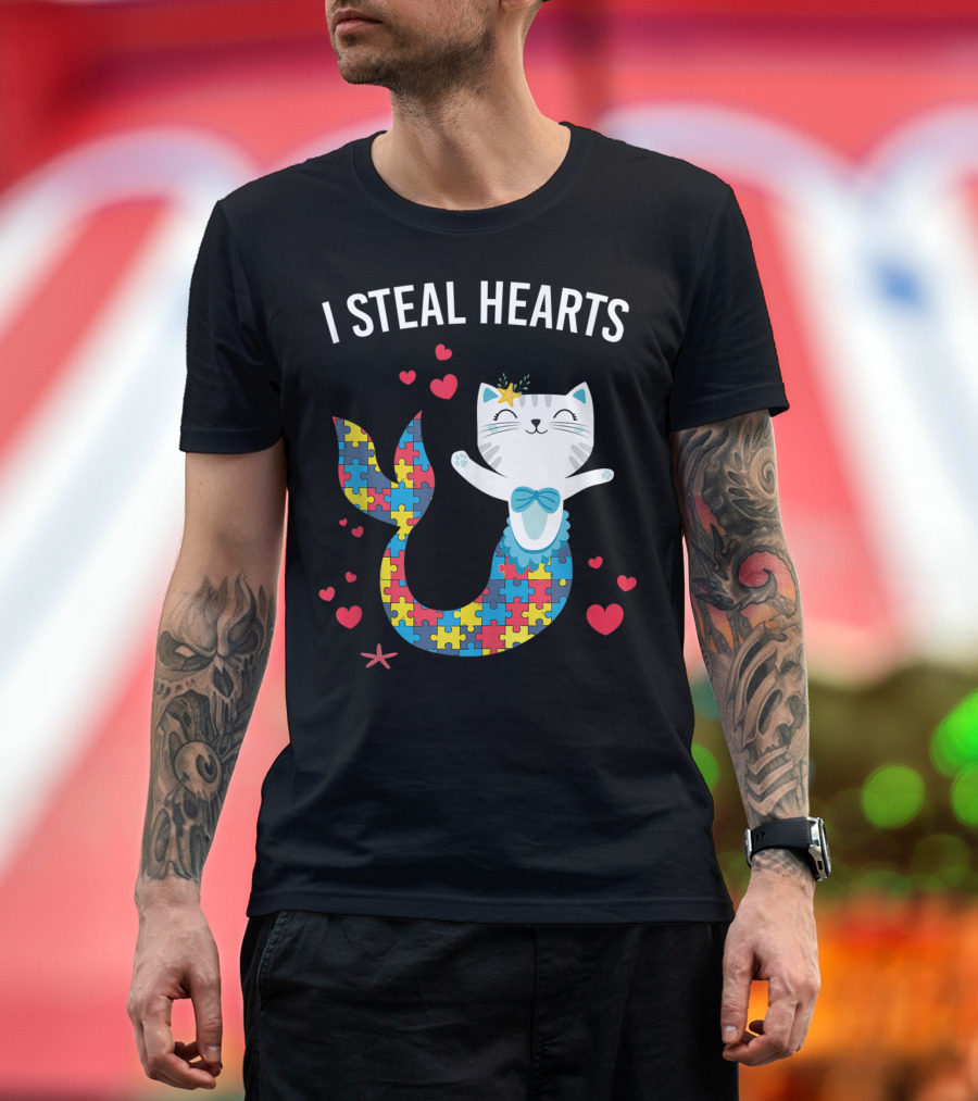 I Steal Hearts Autism Cat Mermaid Purrmaid T-Shirt