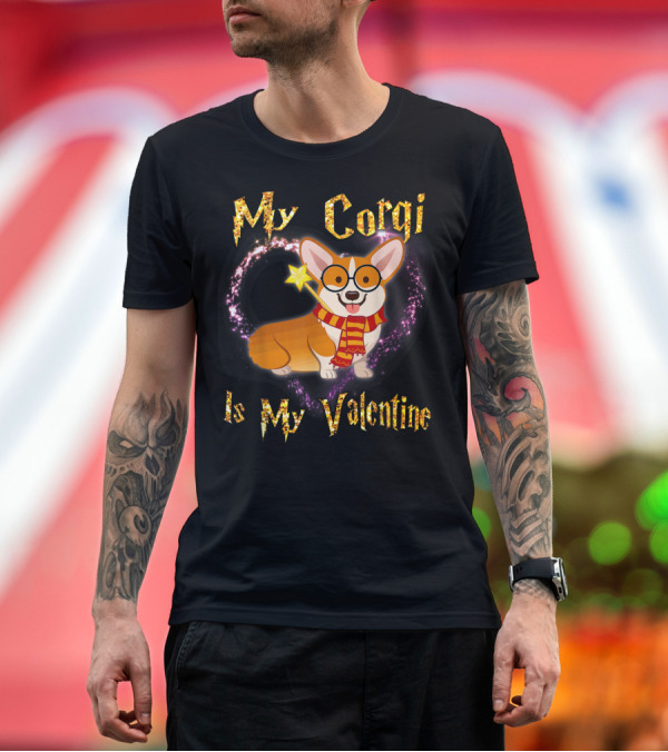 Premium T-Shirt: My Corgi Is My Valentine Wizard Glasses Scarf Magic Wand Pink Heart Sparkle T-Shirt My Corgi Is My Valentine Wizard Glasses Scarf Magic Wand Pink Heart Sparkle T-Shirt