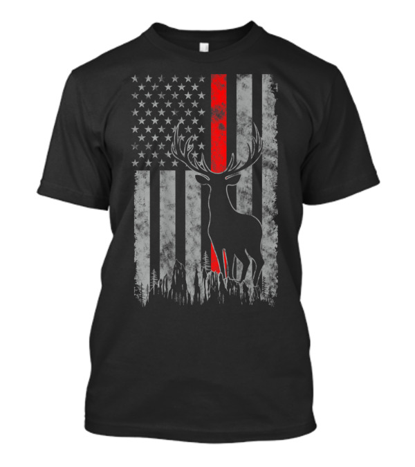 Thin Red Line American Flag With Whitetail Deer Hunting T-Shirt