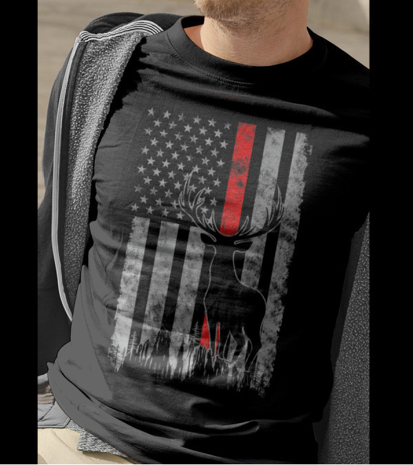 Thin Red Line American Flag With Whitetail Deer Hunting T-Shirt