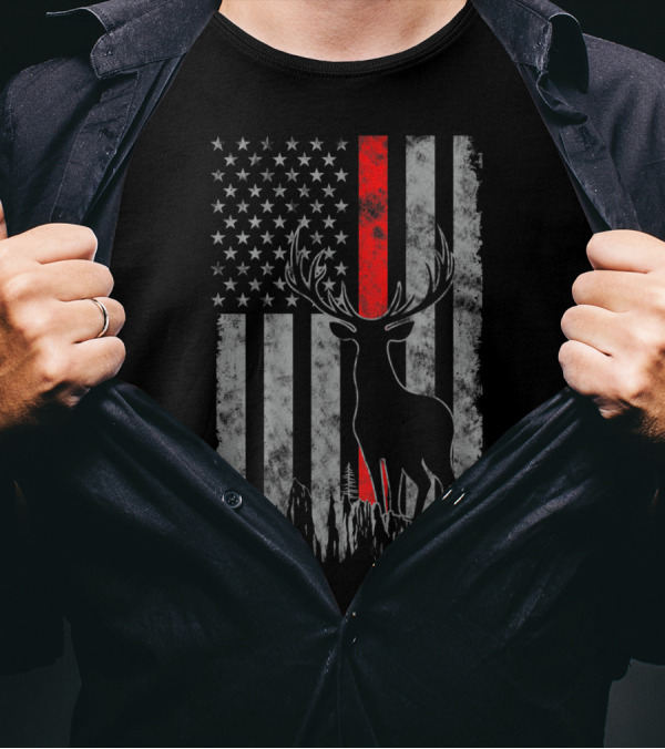 Thin Red Line American Flag With Whitetail Deer Hunting T-Shirt