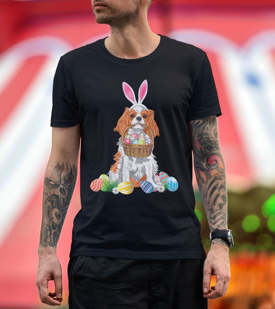 Easter Cavalier King Charles Spaniel with Bunny Ears and Egg Basket T-Shirt