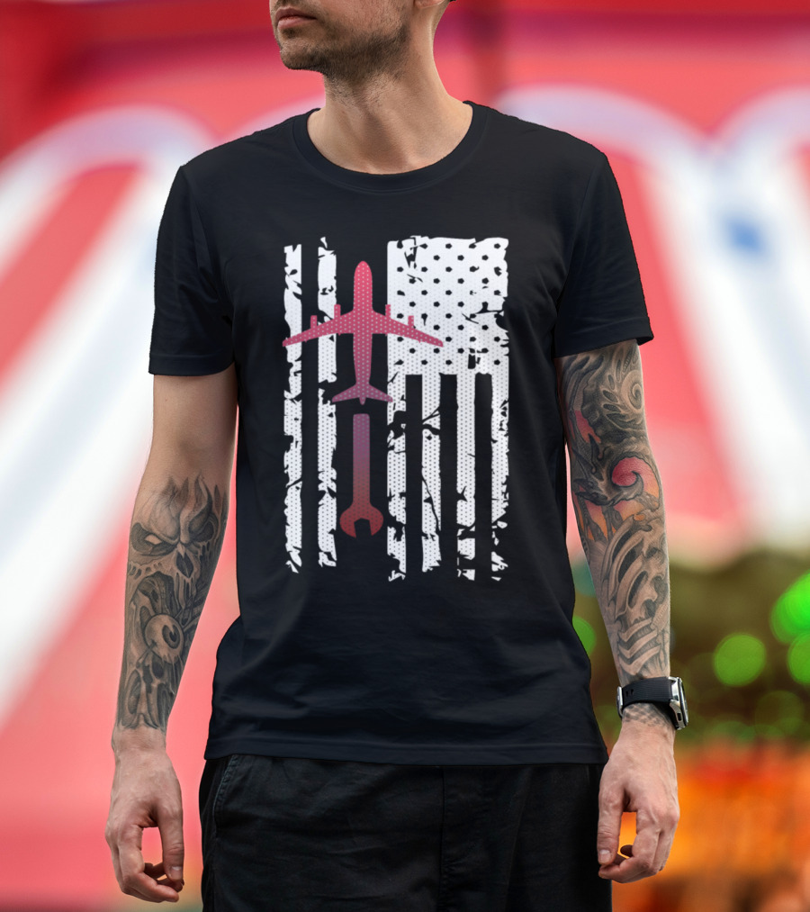 Aircraft Mechanic Wrench Plane American Flag T-Shirt