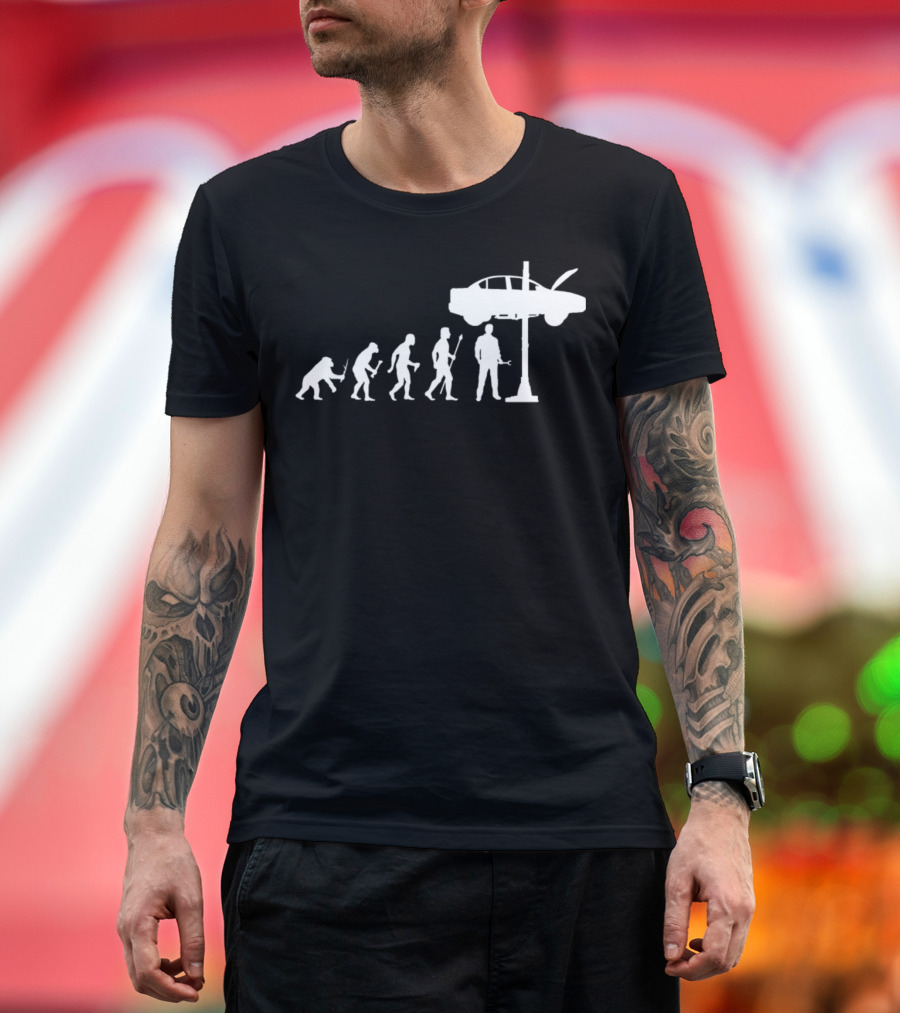 Evolution of Man to Mechanic with Car on Lift T-Shirt