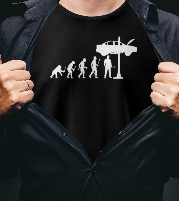 Evolution Of Man To Mechanic With Car On Lift T-Shirt