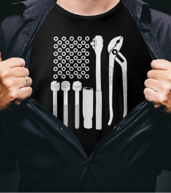 USA Flag Tools Nuts Wrenches Pliers For Car Mechanic Garage T-Shirt