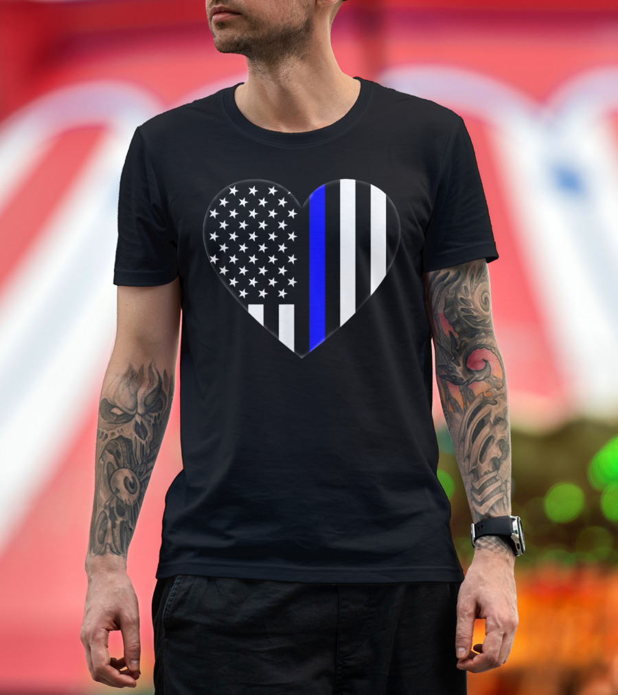 Heart Shaped Thin Blue Line American Flag Love Our Police Officer T-Shirt