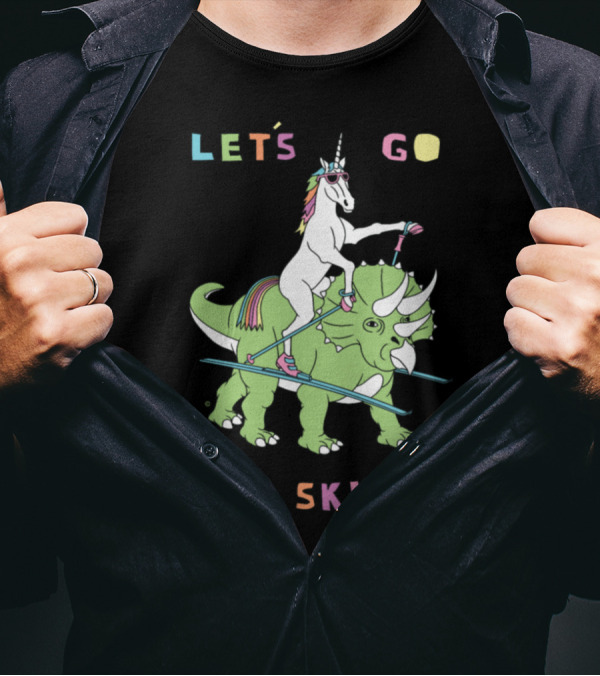 LET'S GO XC SKIING UNICORN RIDING DINOSAUR T-Shirt