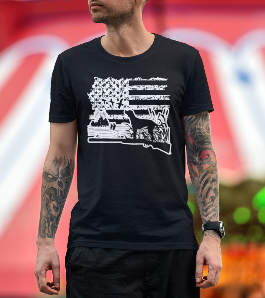 American Flag with Duck Hunting Scene and Rifle T-Shirt