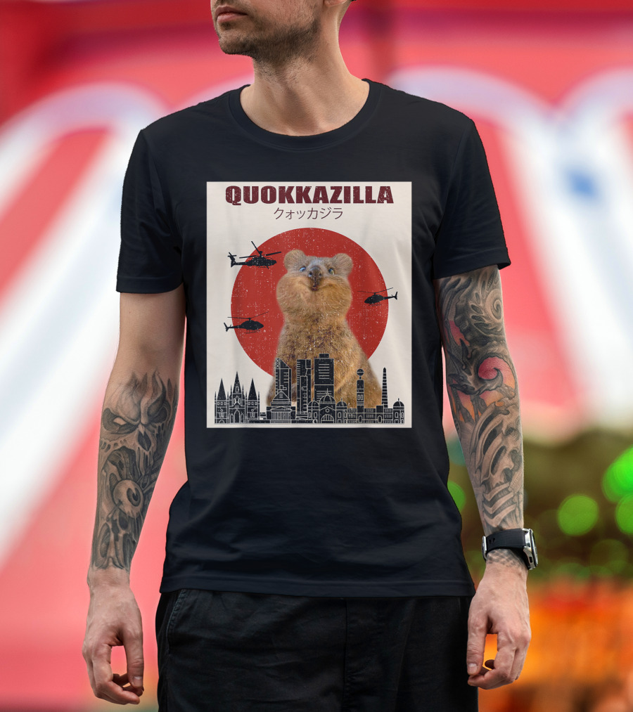 Quokkazilla Melbourne City Helicopters Funny Australia Japanese Text T-Shirt