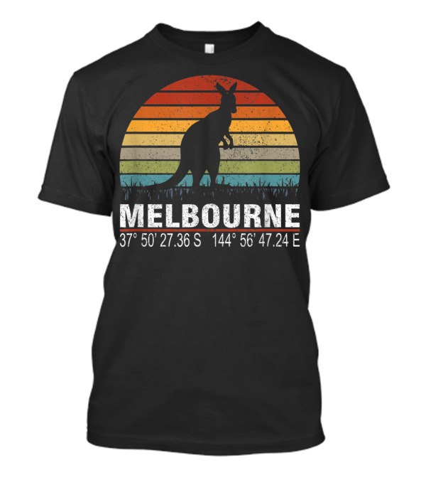 Melbourne Retro Sun Kangaroo With GPS Coordinates 37°50'27.36S 144°56'47.24E T-Shirt
